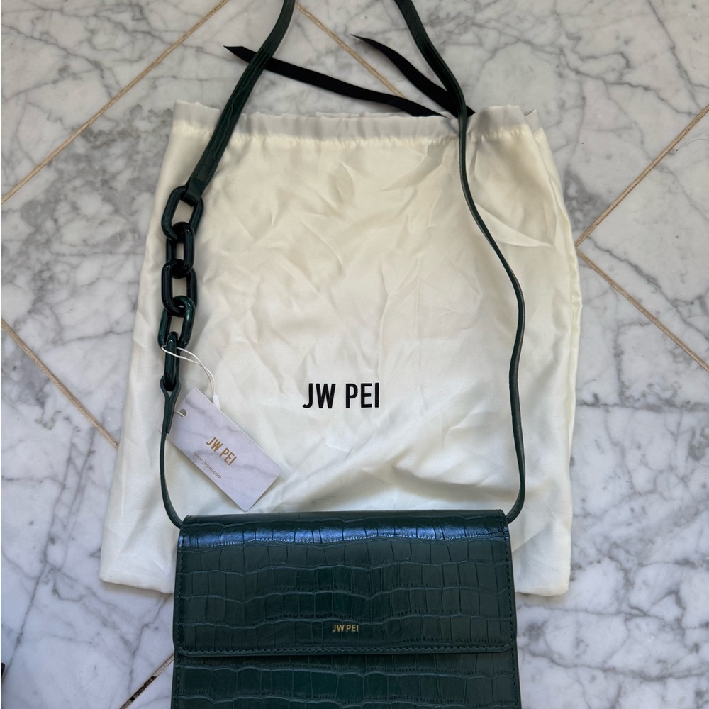 JW PEI Dark Green Croc-Embossed Crossbody Bag